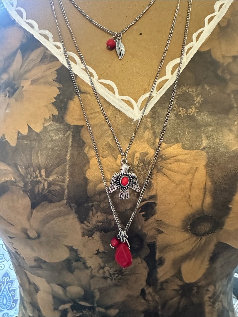 Silver-Tone Layered Necklace Set with Red Accents